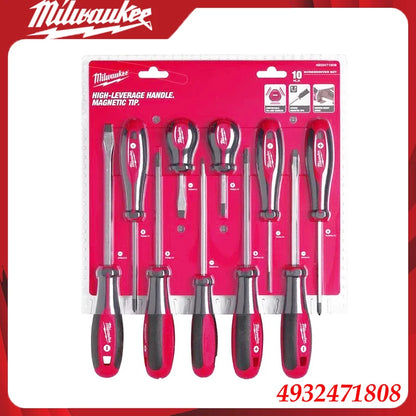 Milwaukee 4932471808 8-Piece Screwdriver Set, Red/Black Ergonomic Handles, Magnetic Tips for Fastening in DIY & Pro Work