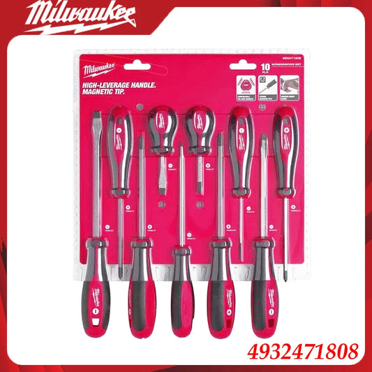 Milwaukee 4932471808 8-Piece Screwdriver Set, Red/Black Ergonomic Handles, Magnetic Tips for Fastening in DIY & Pro Work