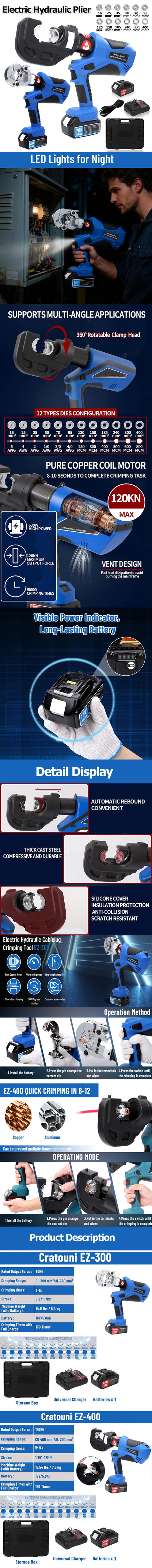 EZ-300 EZ-400 Electric Hydraulic Plier with Battery Handheld Rechargeable Cable Copper Aluminum Terminal Crimping Tool & 12 Sets of Dies