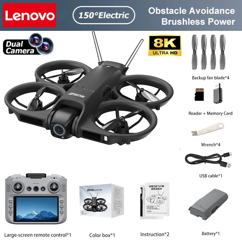 Dron Lenovo Z906 con Cámara Aérea 8K HD, Inteligente, con Sistema Anticolisión, Control Remoto con Pantalla Grande, Plegable, Motor sin Escobillas, GPS