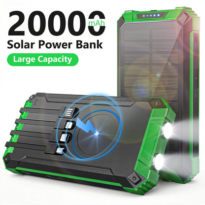 20000mAh Portable Solar Power Bank with Dual LED Lights, 4 Built-in Cables, and Fast Charging for iPhone, Android Phones, and AirPods