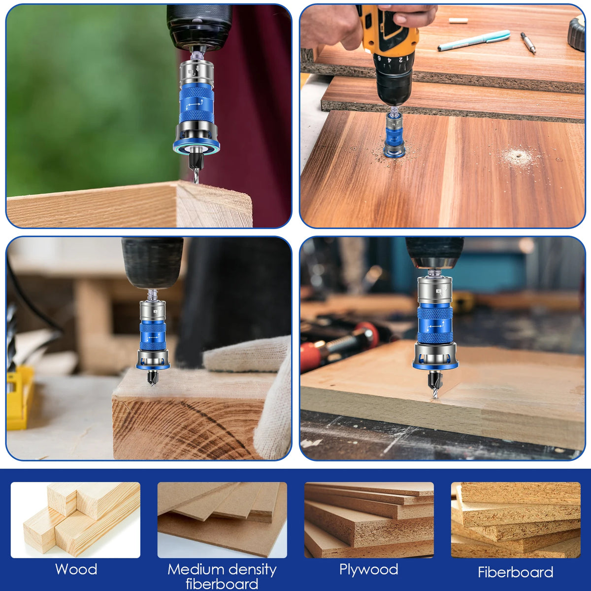 Woodworking Countersink Drill Bit Adjustable Depth Stop 4 Flute 1/4 Inch Hex Shank Pilot Hole Tool for Cabinet DIY Furniture