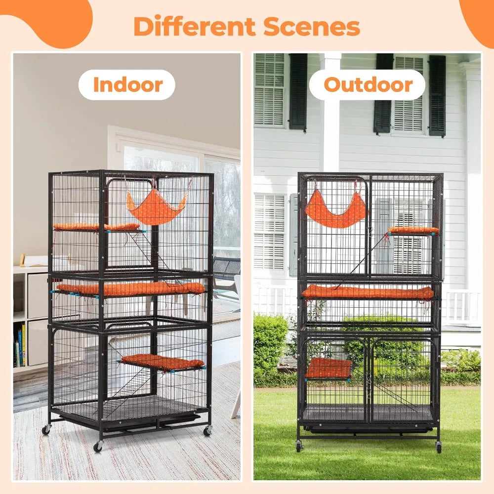 4-Tier Cat Cage Indoor, Large Wire Ferret Cage with Hammock, Ladders, Wheels for Small Pets, Black