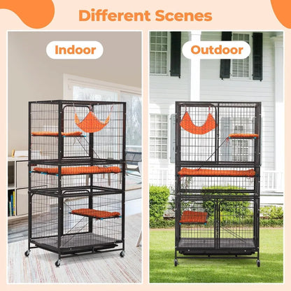 4-Tier Cat Cage Indoor, Large Wire Ferret Cage with Hammock, Ladders, Wheels for Small Pets, Black