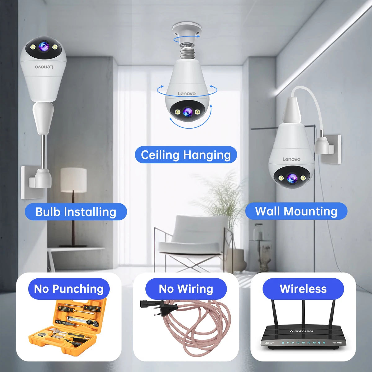 Lenovo 3MP E27 bombilla IP WiFi cámara de videovigilancia interior Color noche AI seguimiento hogar inteligente Monitor de bebé cámara CCTV