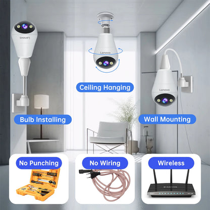 Lenovo 3MP E27 bombilla IP WiFi cámara de videovigilancia interior Color noche AI seguimiento hogar inteligente Monitor de bebé cámara CCTV