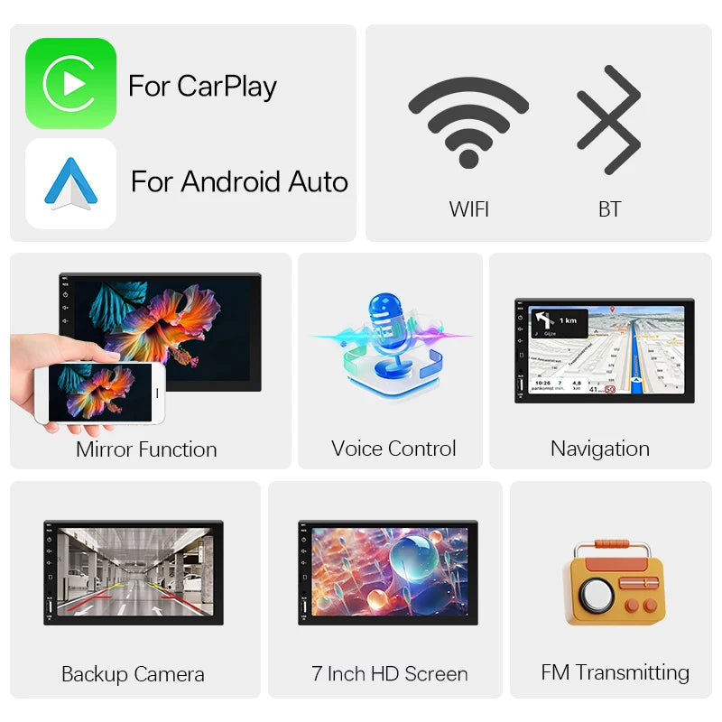 7“ Car Radio 1 Din Carplay Android Auto Multimedia Player HD Touch Screen FM AUX Input Bluetooth MirrorLink Universal Autoradio