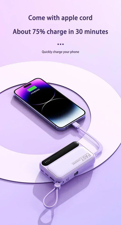 Lenovo Mini 50000mAh Fast Charging Battery Pack Power Bank with 4 Built-in Type C Cables for iPhone, Samsung, and Android Devices