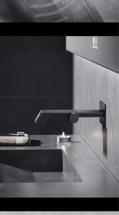 Luxury gun gray brass bathroom faucet LED digital display design, hot and cold water in wall type single handle basin faucet