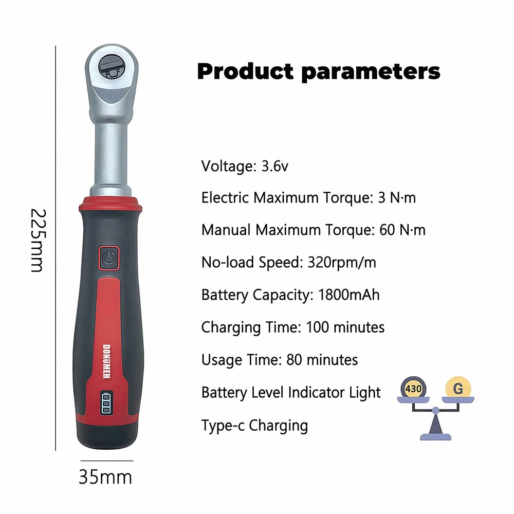 USB-C Rechargeable Electric Ratchet Wrench 3.6V 320 RPM 1/4' 3/8' Bidirectional with LED Battery Indicator for DIY Repair Auto