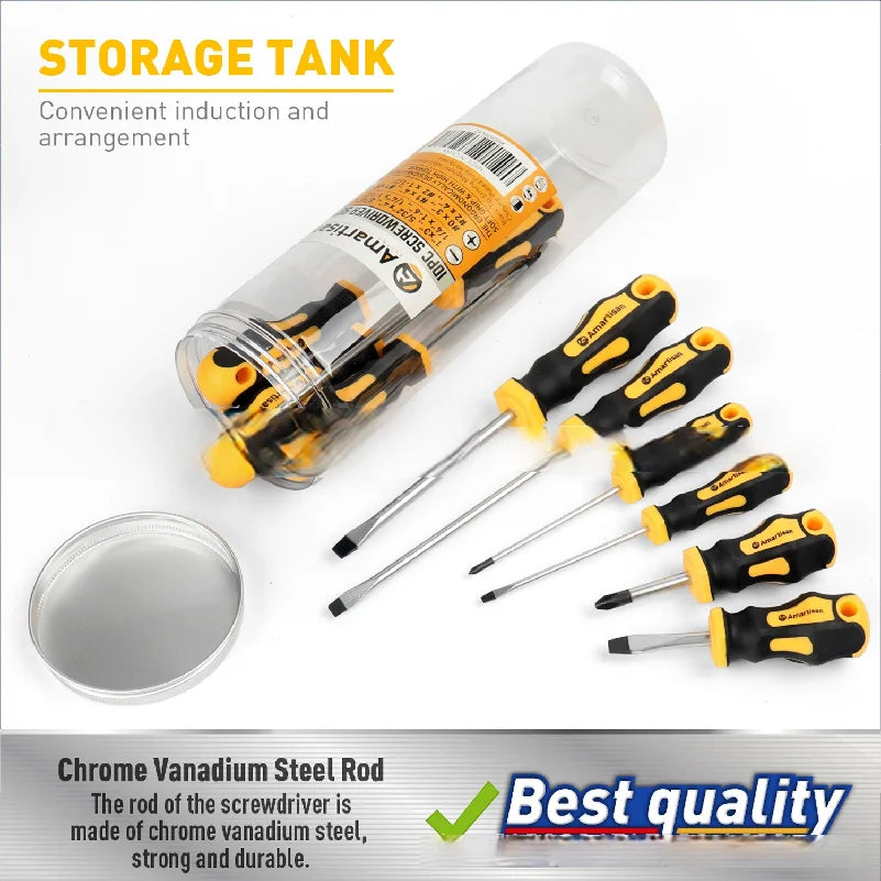 10-piece magnetic screwdriver set features Phillips and flathead tips with professional cushioned grip