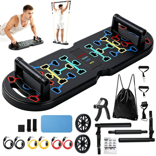 20-in-1 Portable Home Gym Workout Set, Foldable Push-Up Board with Resistance Bands, Pilates Bar, Ab Roller, and Hand Grip Trainer, Full-Body Fitness Equipment for Home and Travel Exercise