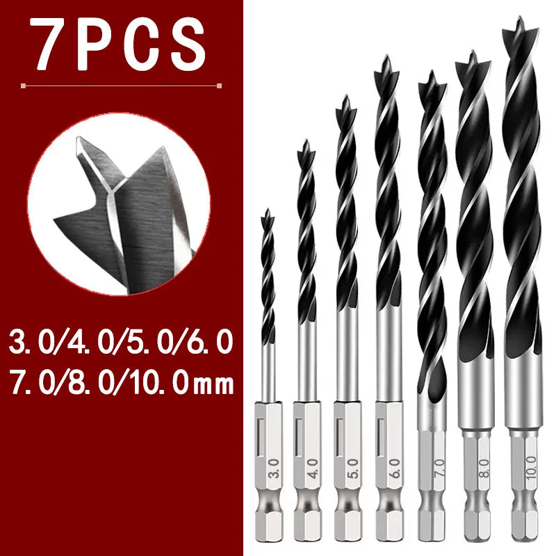 3/5/7PCS 3/4/5/6/7/8/10mm 1/4 Hexagonal Handle Three Pointed Woodworking Drill Bit Set Woodworking Hole Reaming Power Tool