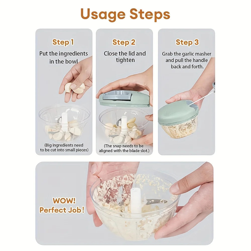 Garlic Mincer Hand Cutter - Hand Pull String Food Processor Vegetable Chopper - for Onion, Ginger, Fruits, Nuts, Dishwasher Safe