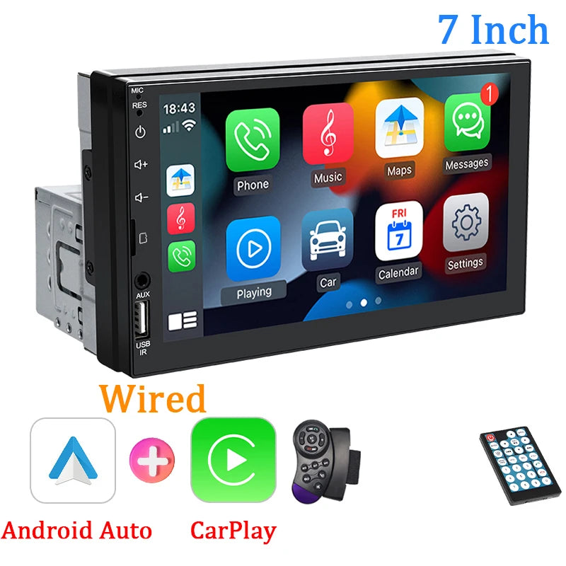 7“ Car Radio 1 Din Carplay Android Auto Multimedia Player HD Touch Screen FM AUX Input Bluetooth MirrorLink Universal Autoradio