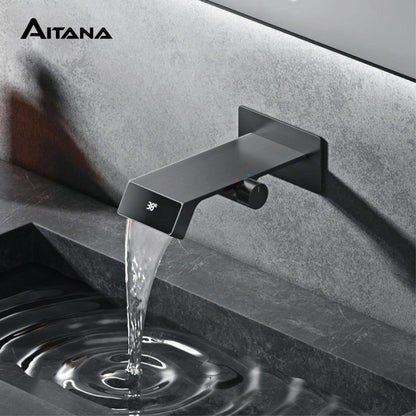 Luxury gun gray brass bathroom faucet LED digital display design, hot and cold water in wall type single handle basin faucet
