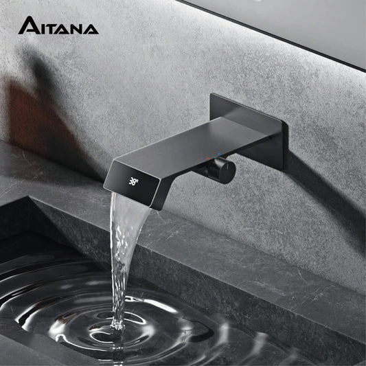 Luxury gun gray brass bathroom faucet with LED digital display design, wall-mounted hot and cold single-handle basin faucet