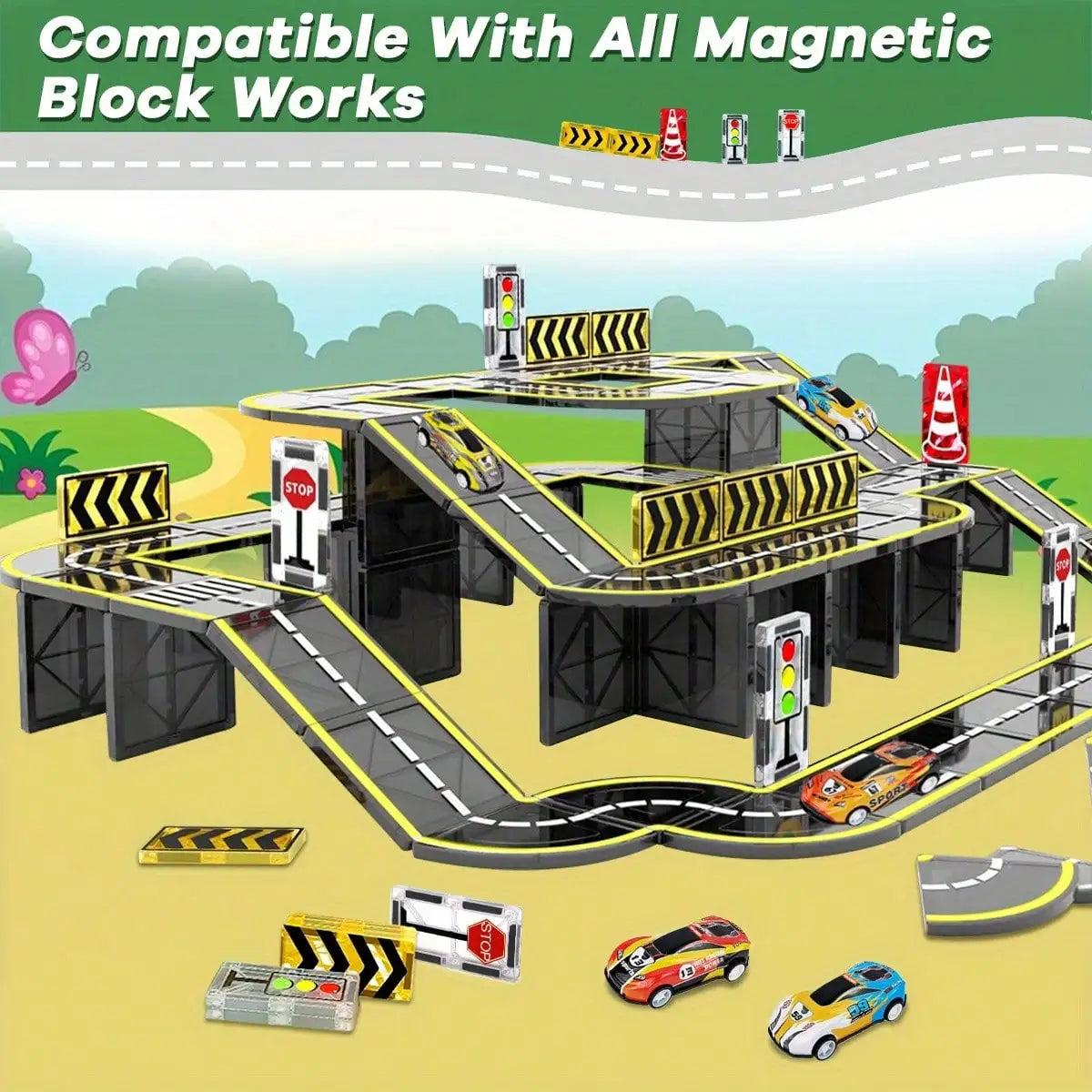 Bloques de Construcción Magnéticos, Juguete de Mosaicos Magnéticos, Mosaicos de Construcción de Pistas de Tráfico Urbano, Regalo de Cumpleaños para Niños, Colores Aleatorios