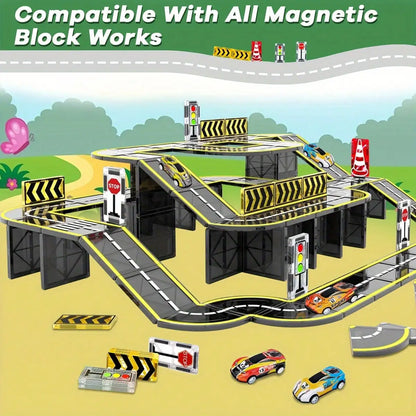 Bloques de Construcción Magnéticos, Juguete de Mosaicos Magnéticos, Mosaicos de Construcción de Pistas de Tráfico Urbano, Regalo de Cumpleaños para Niños, Colores Aleatorios
