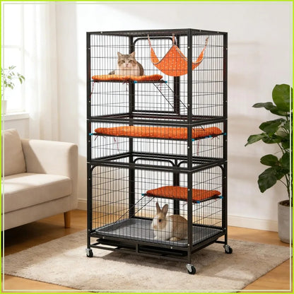 4-Tier Cat Cage Indoor, Large Wire Ferret Cage with Hammock, Ladders, Wheels for Small Pets, Black