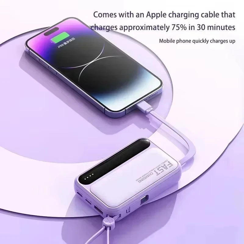 Lenovo Mini 50000mAh Fast Charging Battery Pack Power Bank with 4 Built-in Type C Cables for iPhone, Samsung, and Android Devices