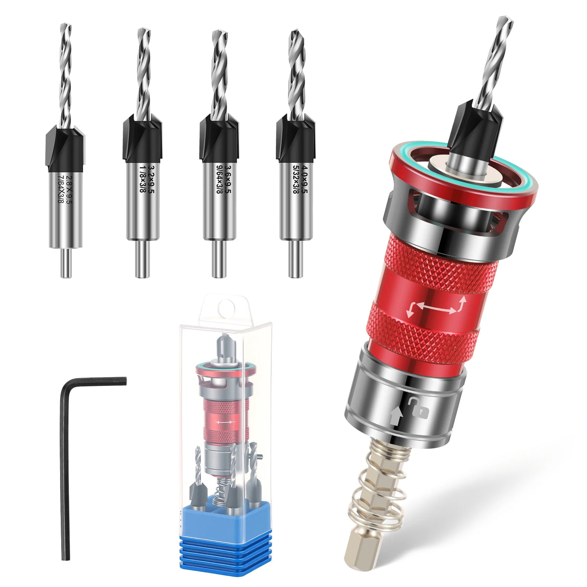 Woodworking Countersink Drill Bit Adjustable Depth Stop 4 Flute 1/4 Inch Hex Shank Pilot Hole Tool for Cabinet DIY Furniture