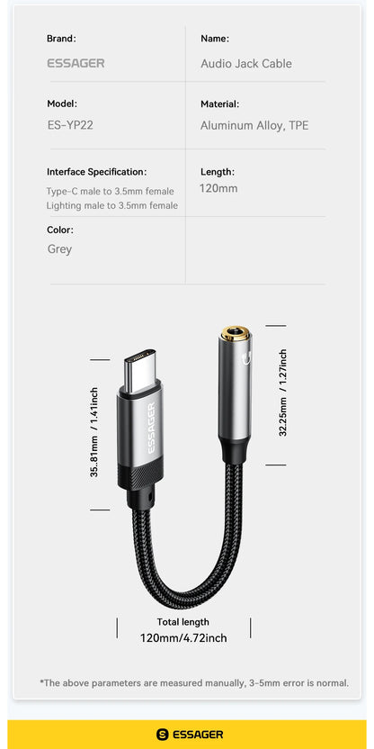 Essager Lighting to 3.5mm Jack Audio Adapter Headphone Aux Cable USB Type C to 3.5 Adapter OTG Type C For iPhone Xiaomi OnePlus