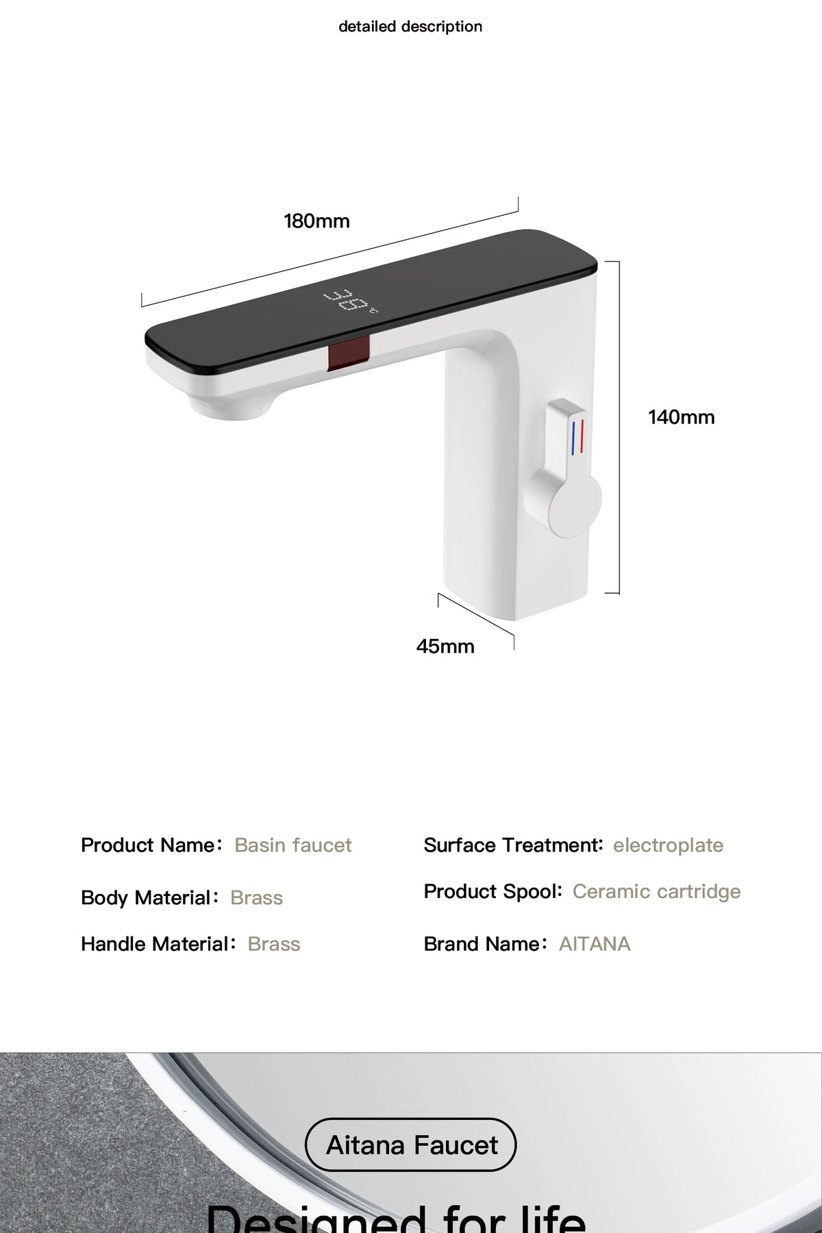 White Intelligent Brass Bathroom Faucet, Induction Design with LED Temperature Display, Single-Hole Single-Handle Hot and Cold Basin Tap
