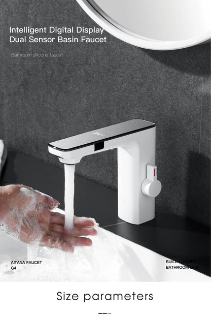 White Intelligent Brass Bathroom Faucet, Induction Design with LED Temperature Display, Single-Hole Single-Handle Hot and Cold Basin Tap
