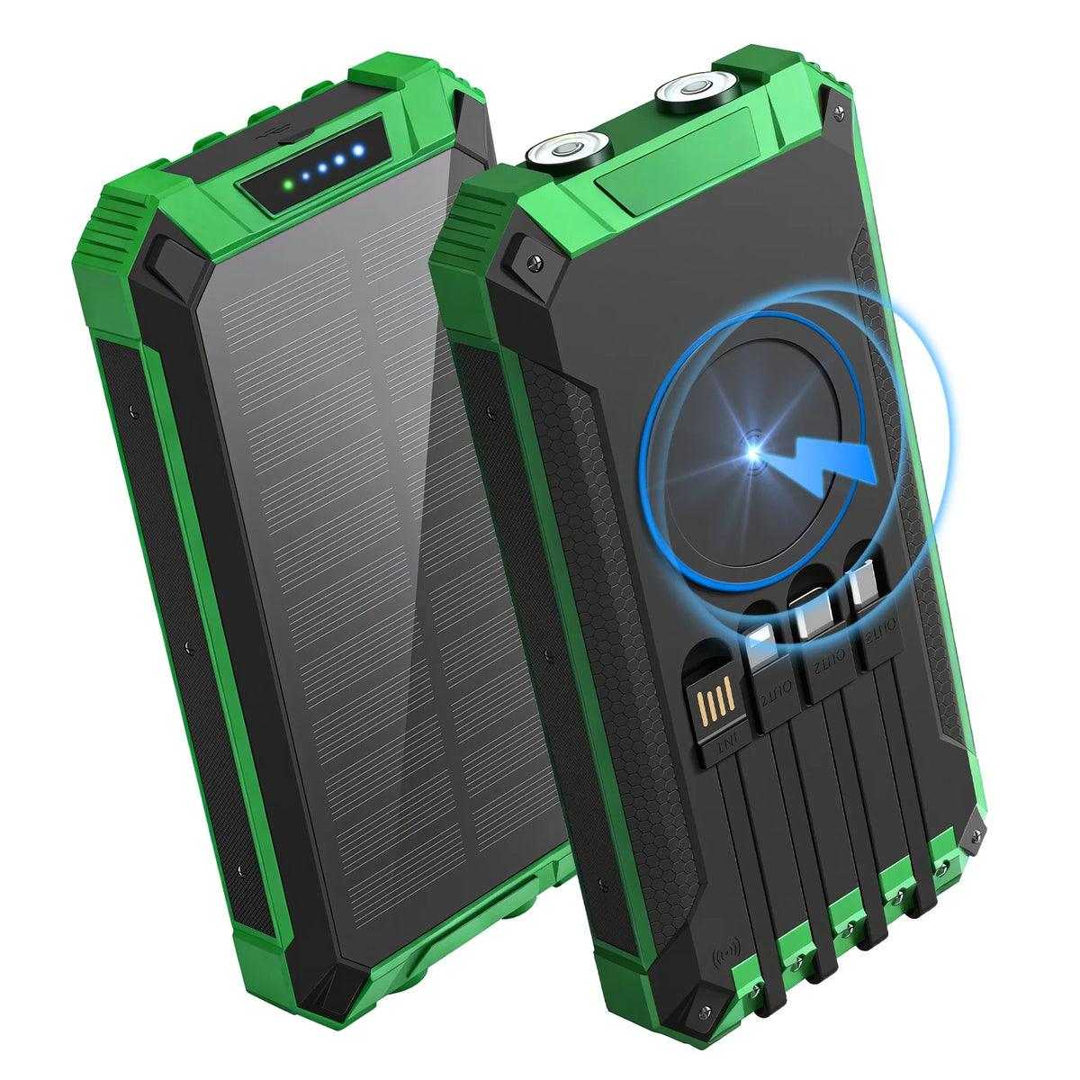 20000mAh Portable Solar Power Bank with Dual LED Lights, 4 Built-in Cables, and Fast Charging for iPhone, Android Phones, and AirPods