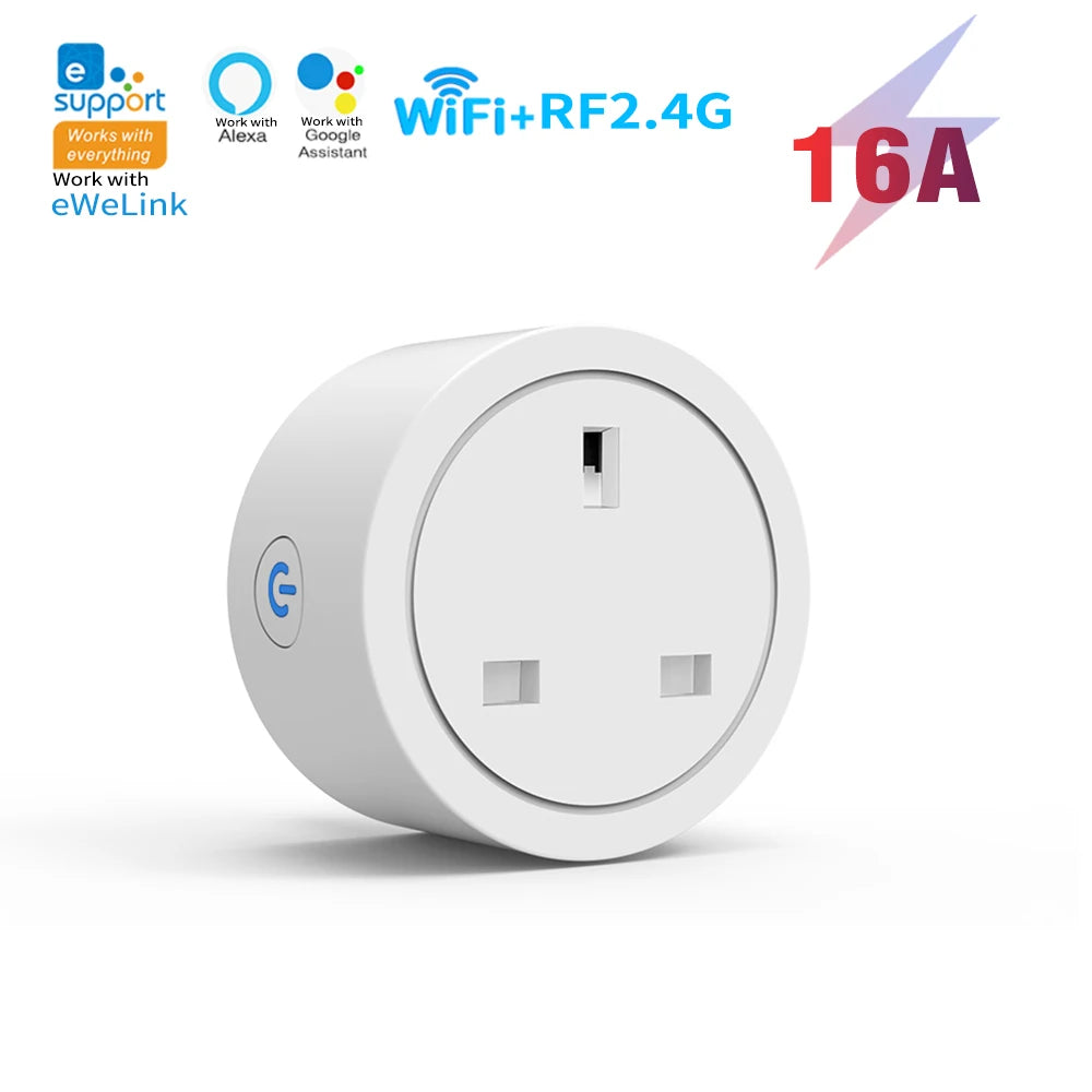 Enchufe inteligente WiFi con enchufe del Reino Unido, enchufe con control remoto inalámbrico, control por aplicación eWeLink, temporizador y cuenta regresiva, funciona con Alexa y Google Home.