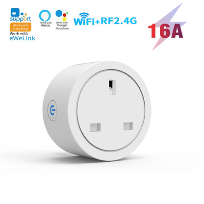 Enchufe inteligente WiFi con enchufe del Reino Unido, enchufe con control remoto inalámbrico, control por aplicación eWeLink, temporizador y cuenta regresiva, funciona con Alexa y Google Home.