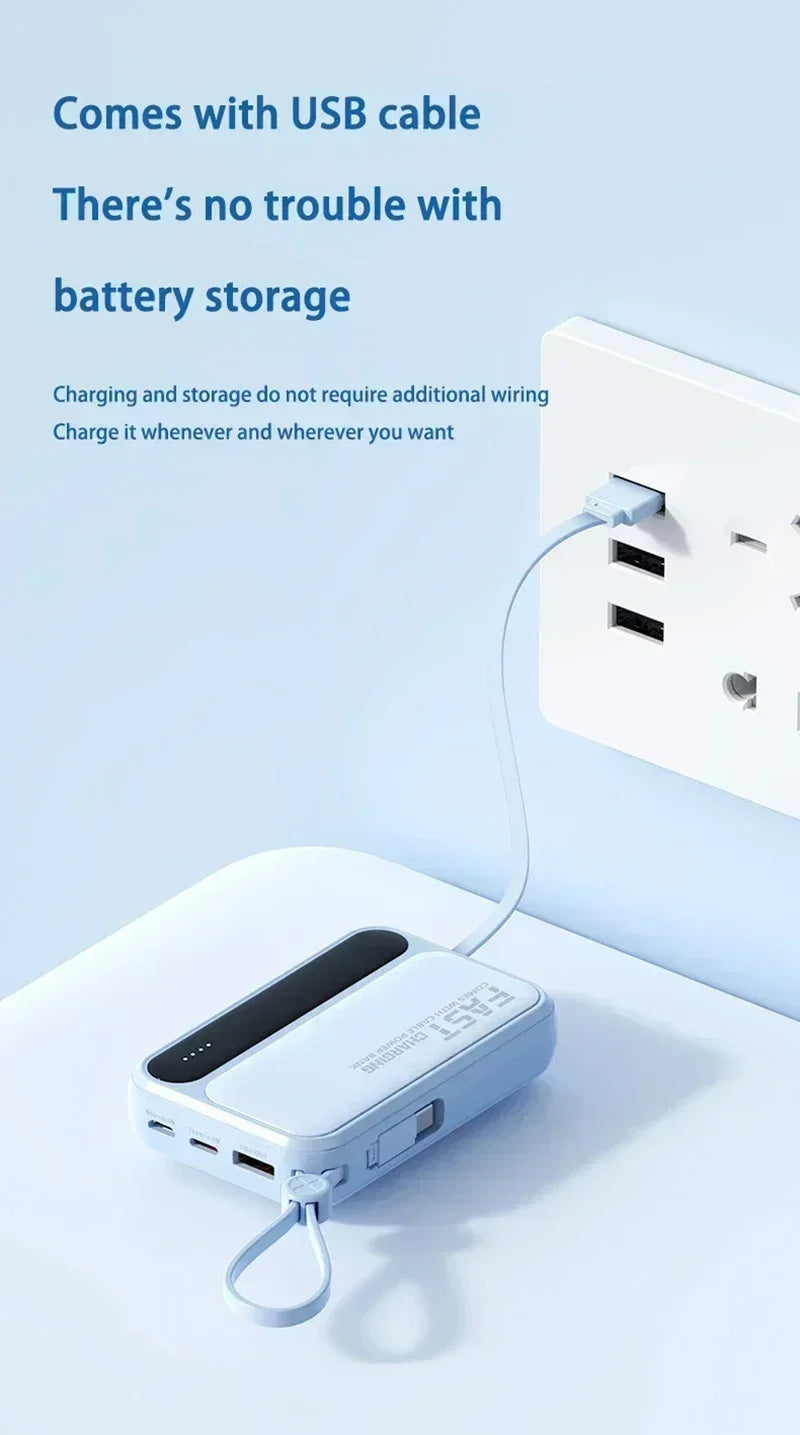 Lenovo Mini 50000mAh Fast Charging Battery Pack Power Bank with 4 Built-in Type C Cables for iPhone, Samsung, and Android Devices