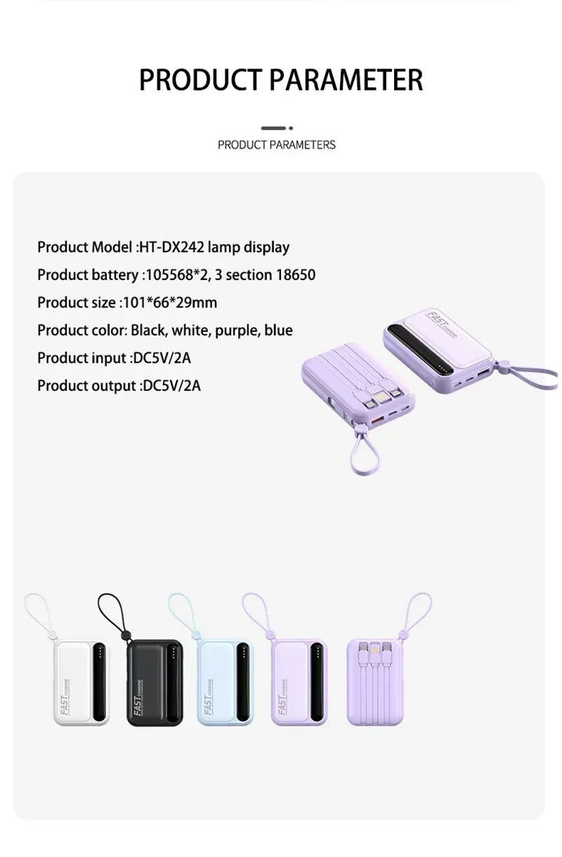 Lenovo Mini 50000mAh Fast Charging Battery Pack Power Bank with 4 Built-in Type C Cables for iPhone, Samsung, and Android Devices
