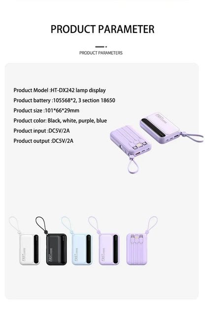 Lenovo Mini 50000mAh Fast Charging Battery Pack Power Bank with 4 Built-in Type C Cables for iPhone, Samsung, and Android Devices