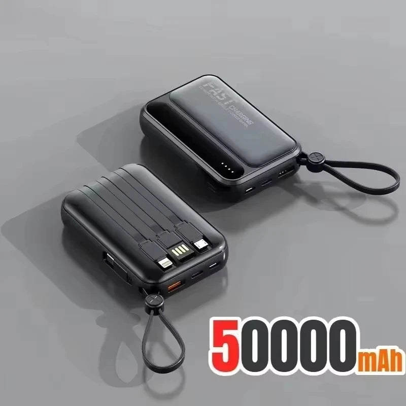 Lenovo Mini 50000mAh Fast Charging Battery Pack Power Bank with 4 Built-in Type C Cables for iPhone, Samsung, and Android Devices