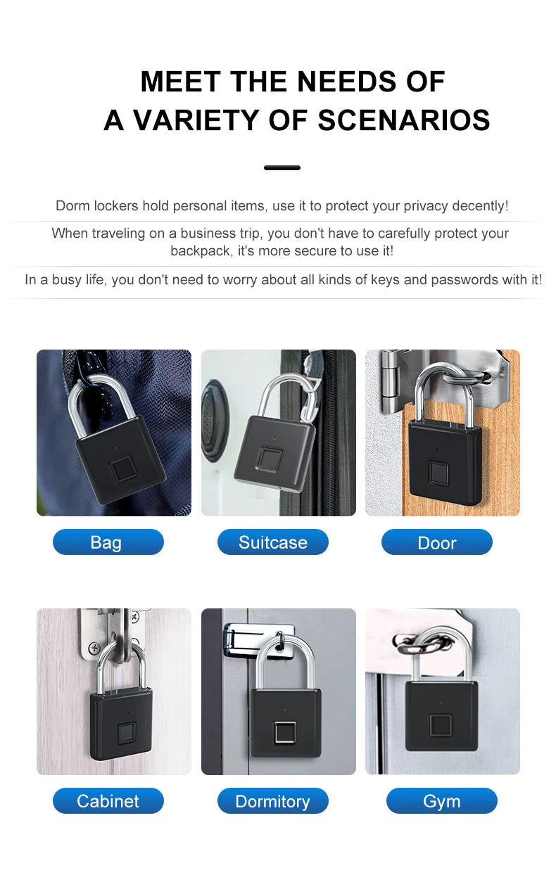 Smart Fingerprint Padlock 0.5s Unlock IP55 Waterproof Type-C Rechargeable for Luggage, Gym, Office, Zinc Alloy Anti-Theft Lock