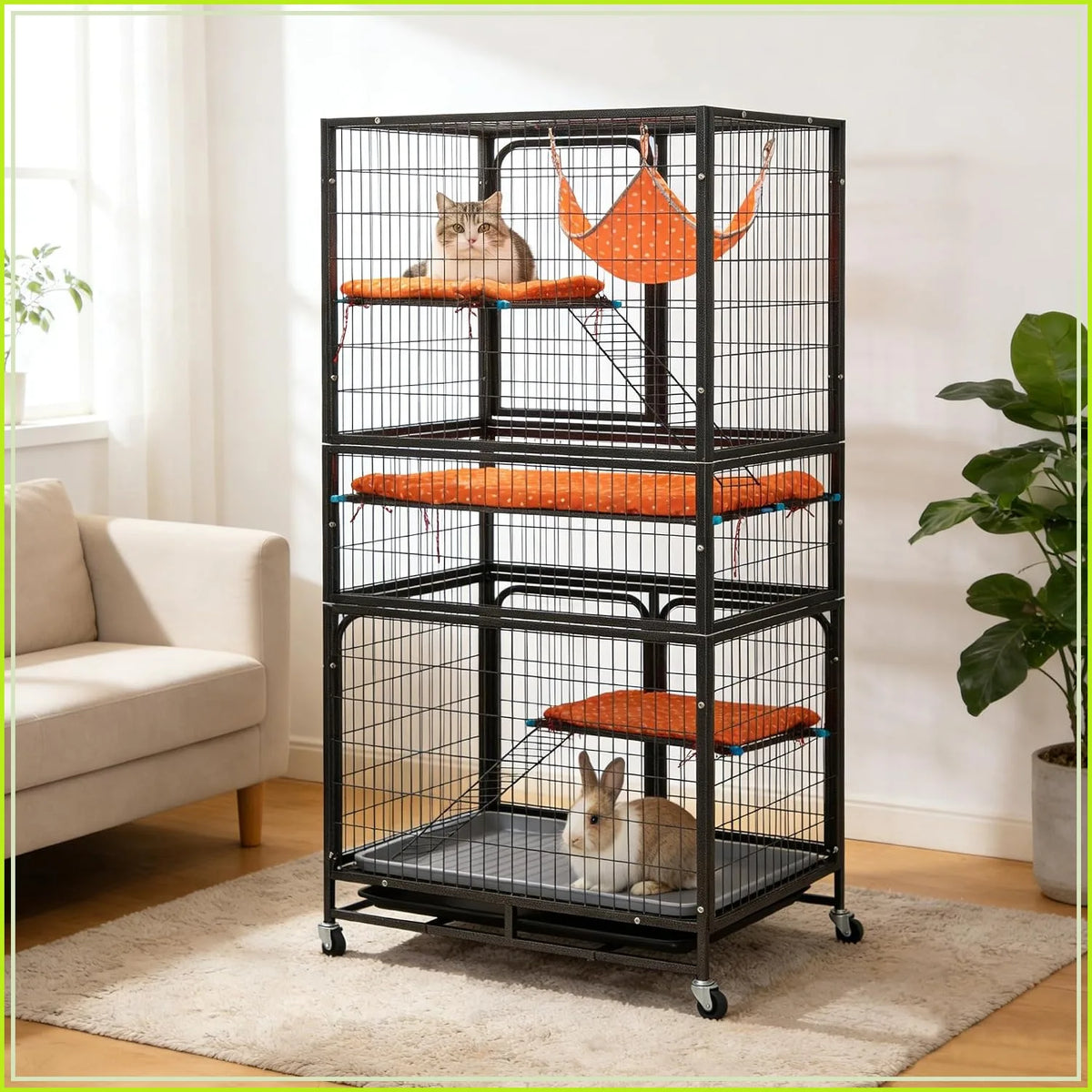 4-Tier Cat Cage Indoor, Large Wire Ferret Cage with Hammock, Ladders, Wheels for Small Pets, Black