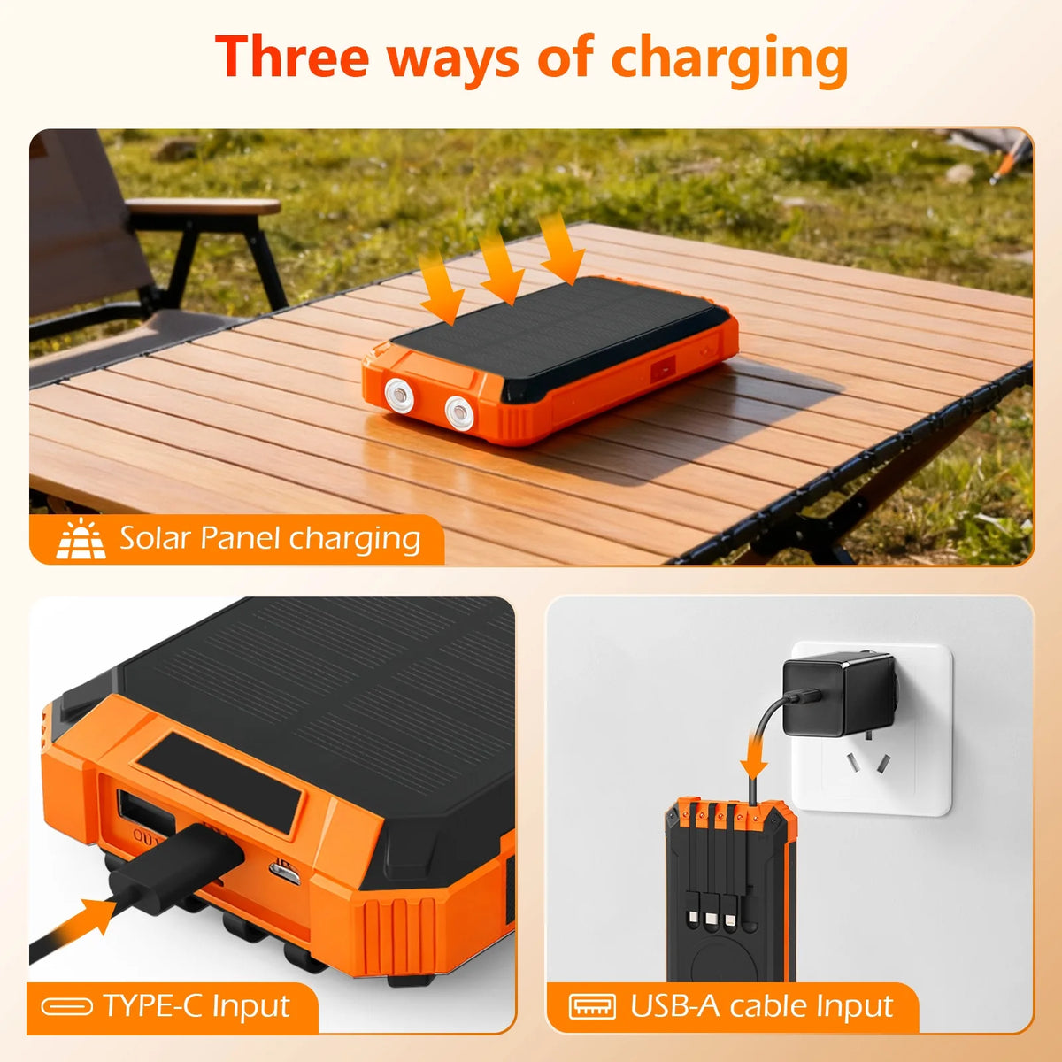 20000mAh Portable Solar Power Bank with Dual LED Lights, 4 Built-in Cables, and Fast Charging for iPhone, Android Phones, and AirPods