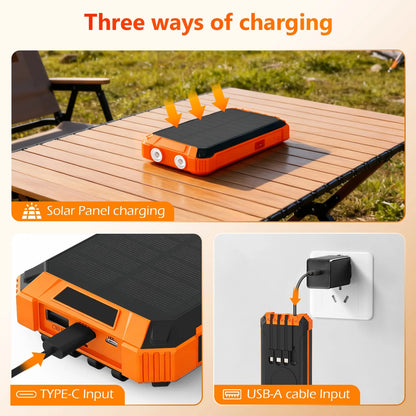 20000mAh Portable Solar Power Bank with Dual LED Lights, 4 Built-in Cables, and Fast Charging for iPhone, Android Phones, and AirPods