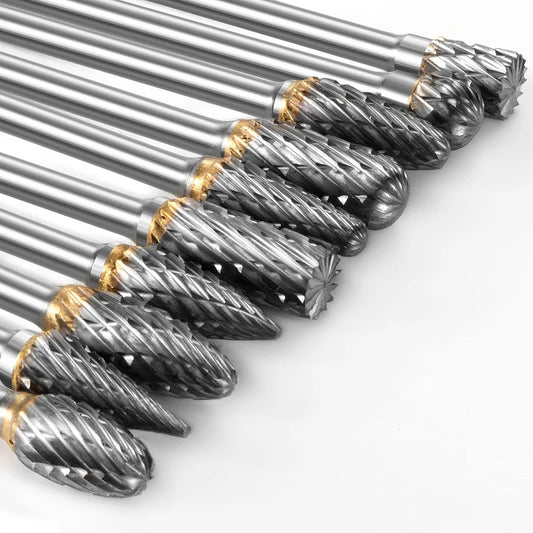 Carbide Rotary Burr Set 10PCS Double Cut Carving Burr Bits Tungsten Carbide 1/8" Shank 1/4" Grinding Head for DIY Carving