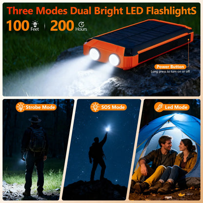20000mAh Portable Solar Power Bank with Dual LED Lights, 4 Built-in Cables, and Fast Charging for iPhone, Android Phones, and AirPods