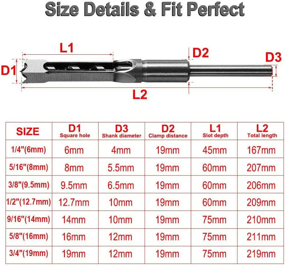 HSS Square Hole Drill Set - Auger Mortising Chisel Bit, Woodworking Drilling Tool, For DIY Furniture 1pc