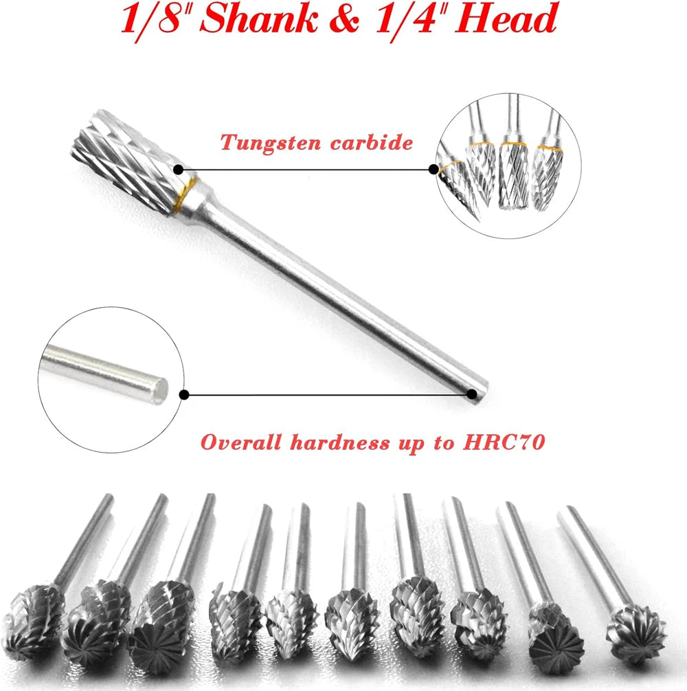 Carbide Rotary Burr Set 10PCS Double Cut Carving Burr Bits Tungsten Carbide 1/8" Shank 1/4" Grinding Head for DIY Carving