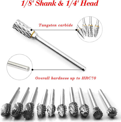 Carbide Rotary Burr Set 10PCS Double Cut Carving Burr Bits Tungsten Carbide 1/8" Shank 1/4" Grinding Head for DIY Carving