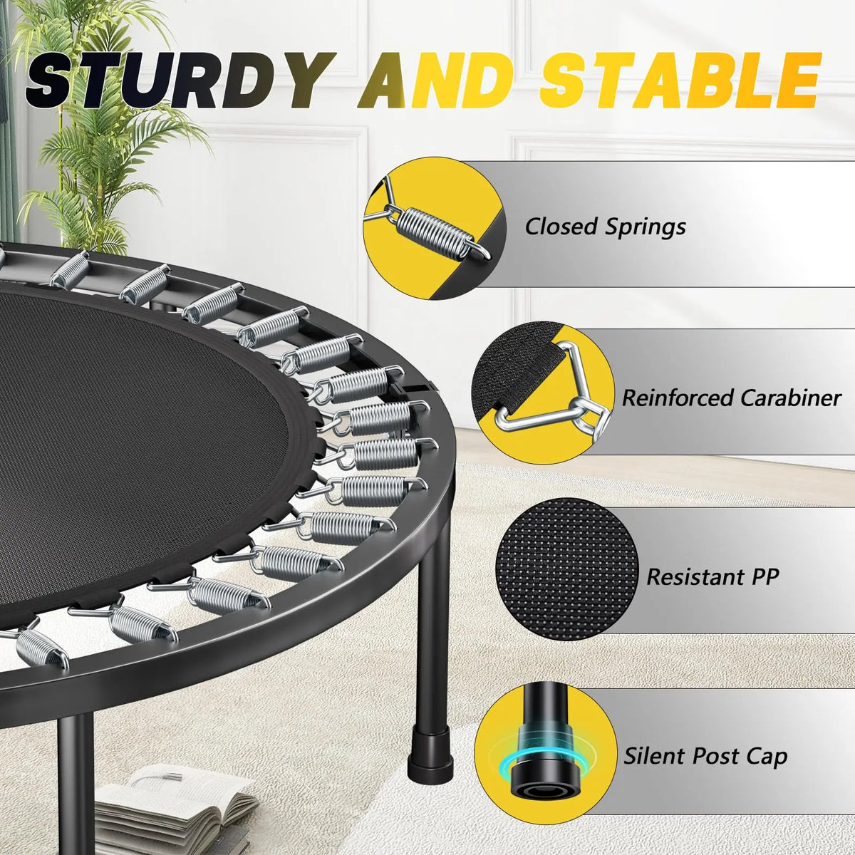 Rebounder trampoline for adults - 40" foldable mini trampoline with adjustable U-bar handle, 350 lb max load, S