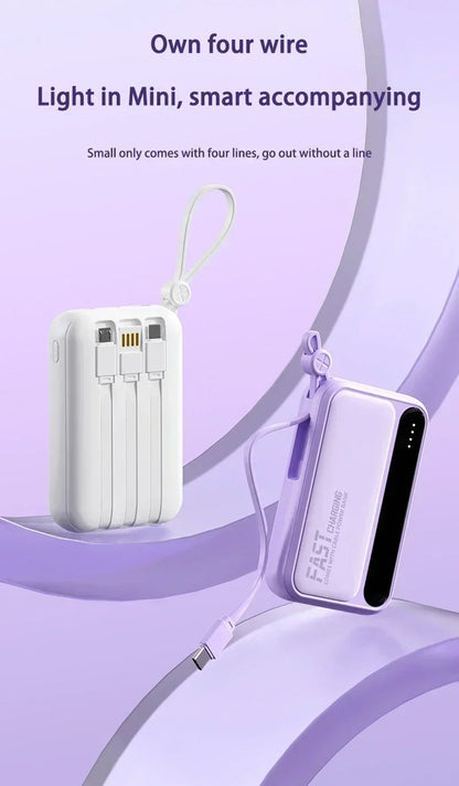 Lenovo Mini 50000mAh Fast Charging Battery Pack Power Bank with 4 Built-in Type C Cables for iPhone, Samsung, and Android Devices