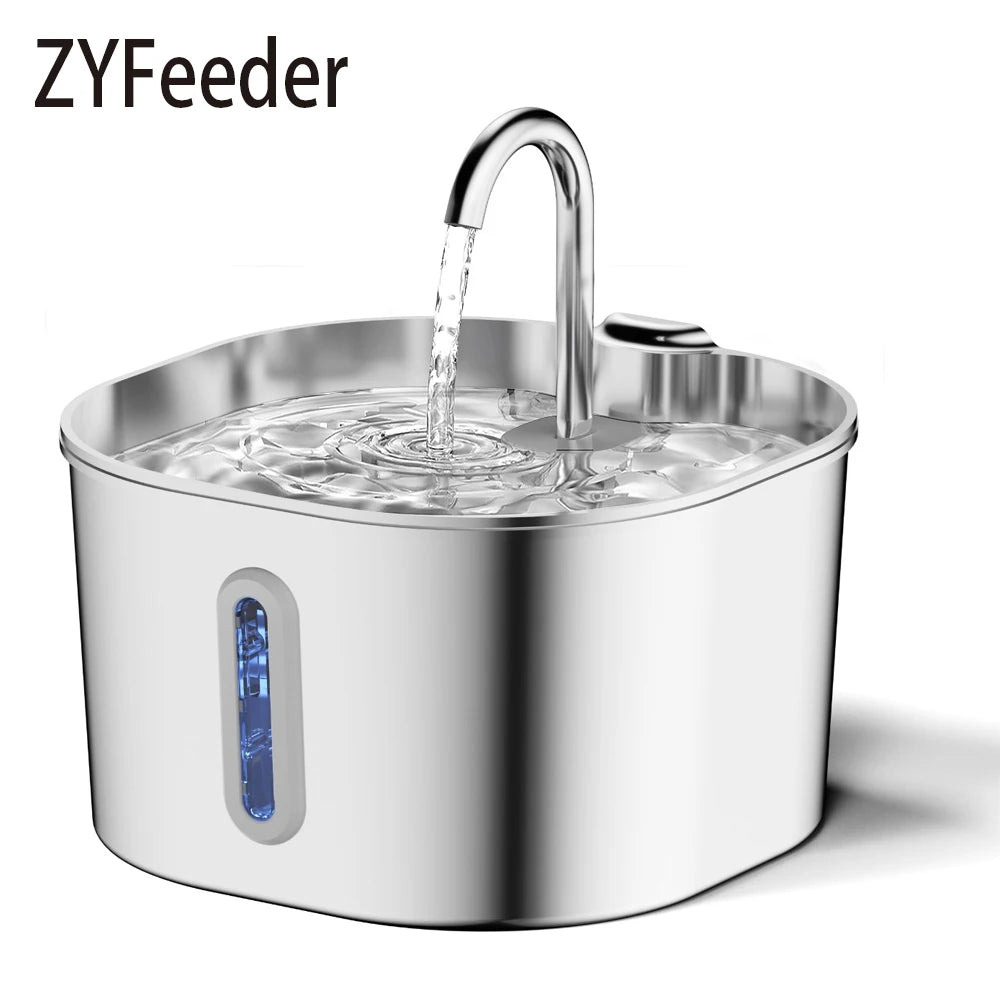 ZYFeeder 2.2L Automatic Stainless Steel Pet Water Fountain, Cat/Dog Drinking Bowl, Silent Water Dispenser with Window