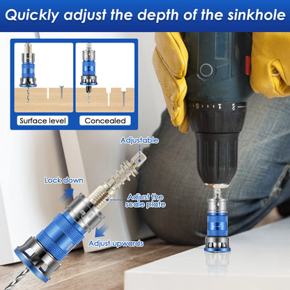 Woodworking Countersink Drill Bit Adjustable Depth Stop 4 Flute 1/4 Inch Hex Shank Pilot Hole Tool for Cabinet DIY Furniture