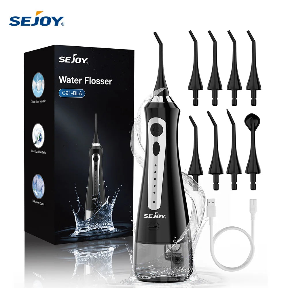 SEJOY Water Flosser Dental Oral Irrigator Teeth Whitening Strips Portable 230ML Tank 5 Modes 8 Jet Tips for Home Use
